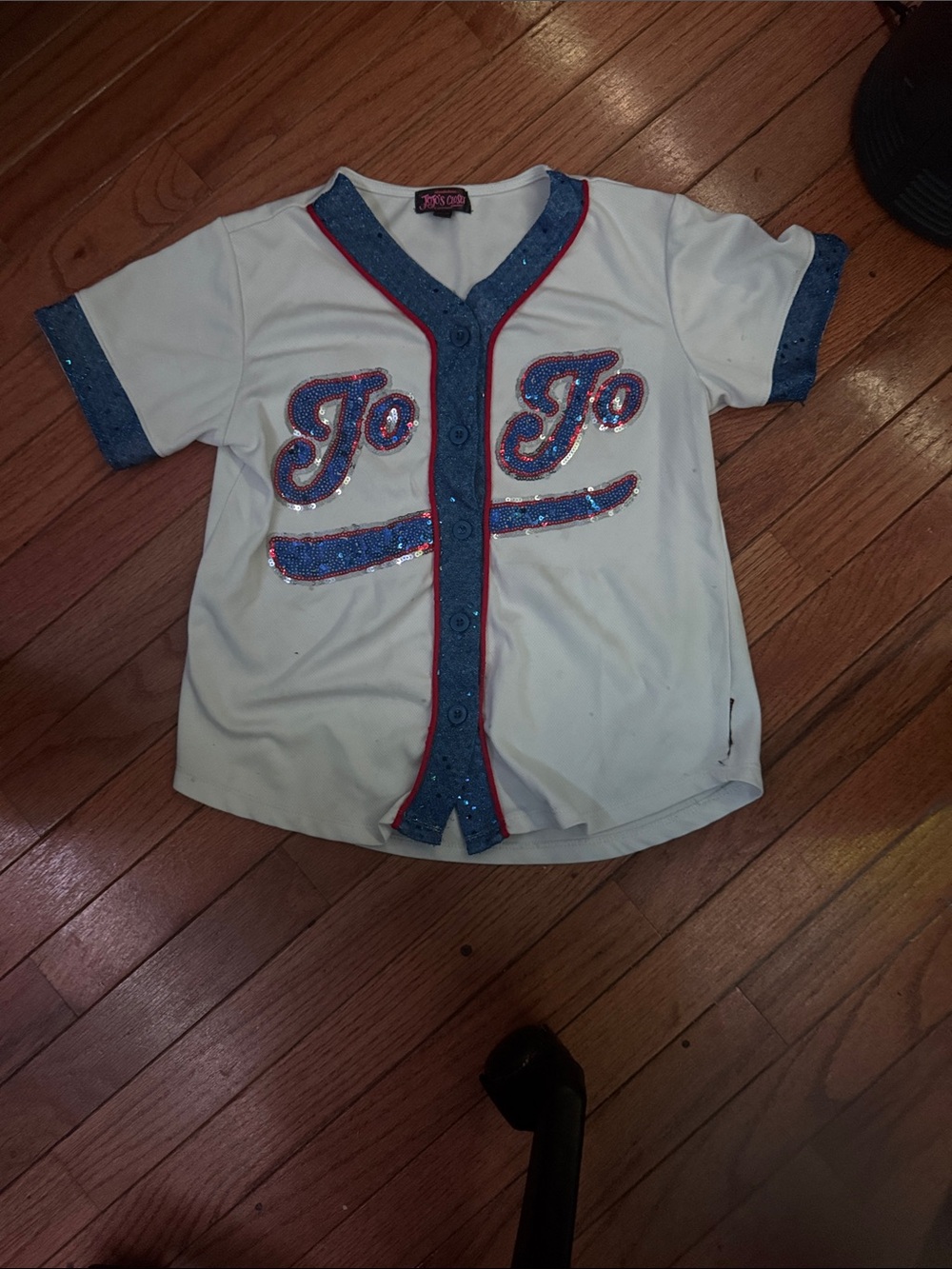 JoJo Siwa White Tee with Blue Sequin Trim and Red Piping